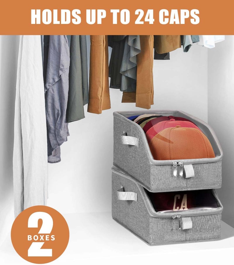 Livelab Hat Organizer for Baseball Caps, Hat Storage Holder Container for Closet Hold Up to 24 Caps with Clear Window, Hat Boxes for Home Storage | 2Pcs Grey - Image 2